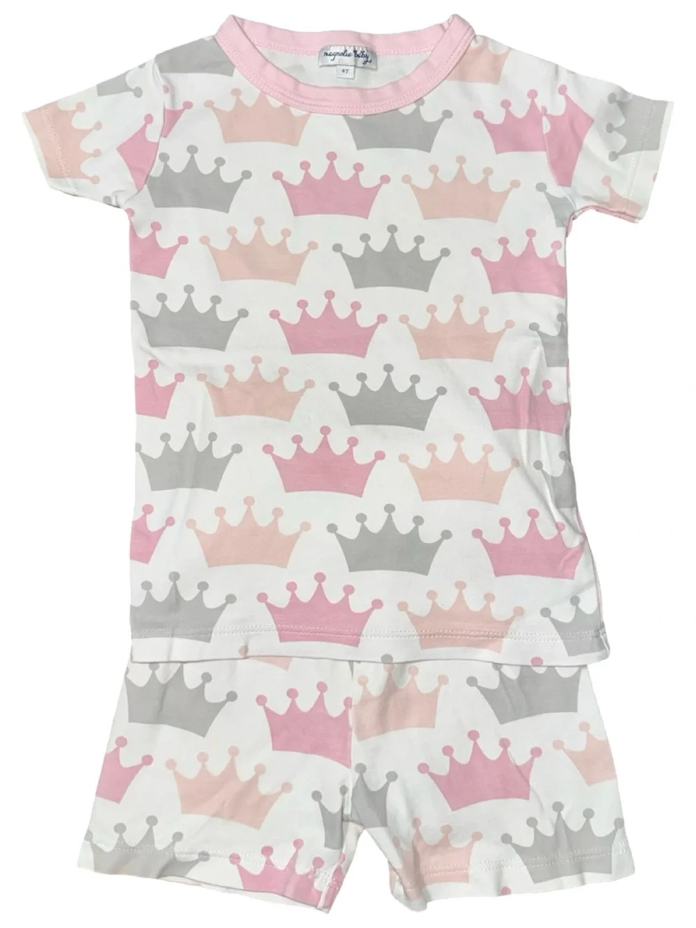 Magnolia Baby Girls Size 4T Pink Gray Crown Tiara Short Pajama Set
